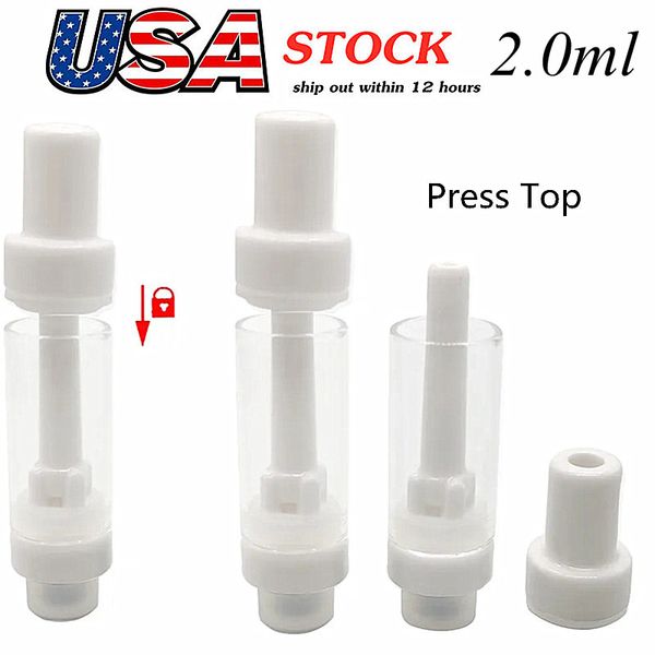 2,0-ml-Vollkeramikkartusche USA STOCK PRESS Tops Zerstäuberwagen Rundes Mundstück Maschinell pressen 510-Gewinde Leerer Glastank für dicke Ölkartuschen 400 Stück/Karton