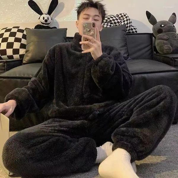 Men's Sleepwear Warm Pajama Sets Autumn Winter Thick 2 Piece Set Flannel Zipper Long-sleeved Trousers Homewear Home Clot