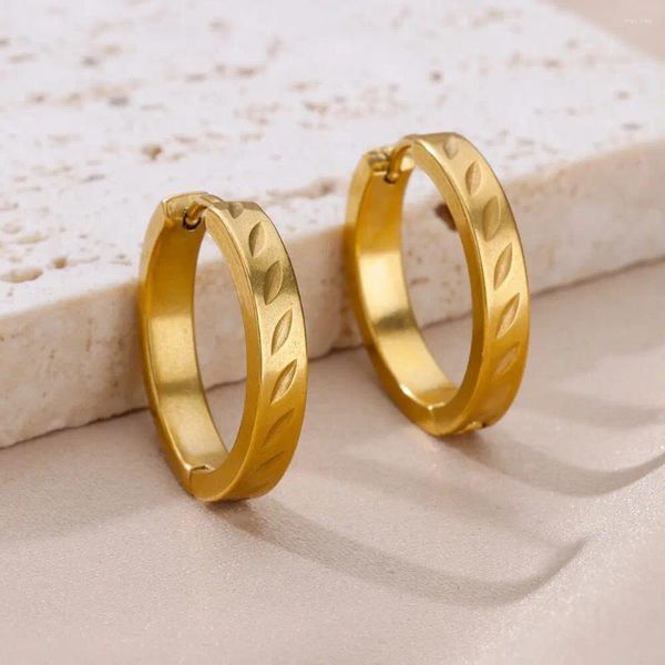 Creolen aus Edelstahl, geometrisch, für Damen, Blattform, gravierte Ohrschnalle, Trending, klobige Goldfarbe, Famale Anti-Rost-Schmuck