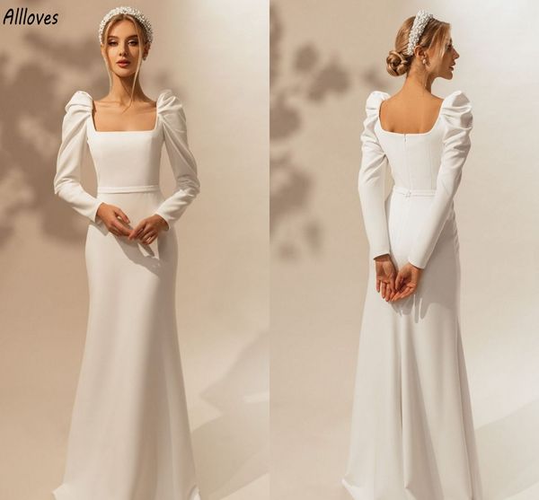 Square Neck einfache Satin -Meerjungfrau Brautkleider mit langen Ärmeln elegante Boho -Garten -Brautkleider Sweep Zug Reißverschluss Rücken Braut Rezeption Robe de Mariee Cl3084