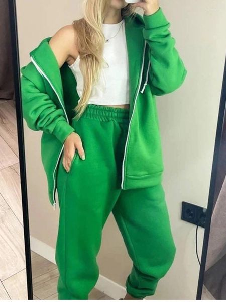 Calças femininas de duas peças y2k streetwear calça verde define casaco casual e conjunto roupas femininas roupa 2023 desportivo senhora moda