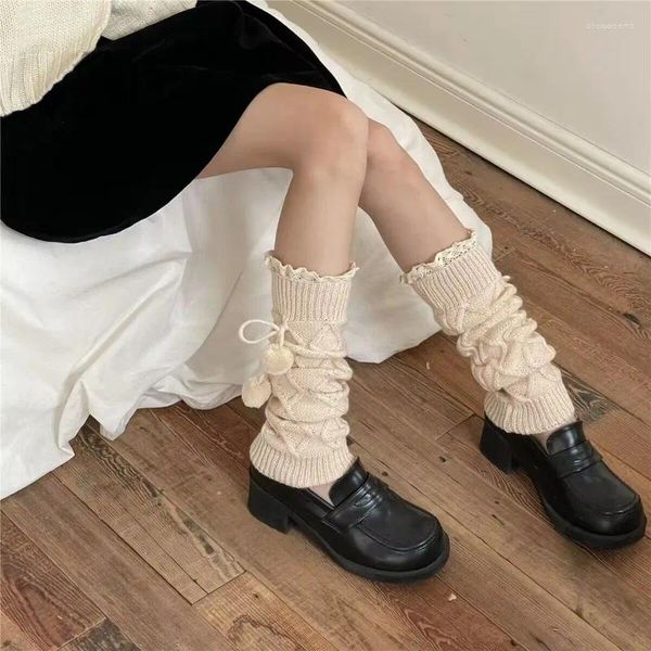 Frauen Socken frauen Solide Volant Bogen Knoten Wolle Ball Gestrickte Abdeckungen Herbst/Winter Verdickt Warme dame Kleidung