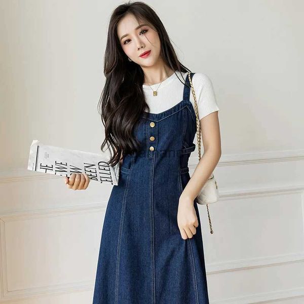 Grundlegende Freizeitkleider #2738 Schwarz Blau Denim Overall Kleid Frauen Knöpfe Hohe Taille A-linie Kleid Knöpfe Koreanischen Stil Jeans Kleid Damen Sommer 2023 YQ231218