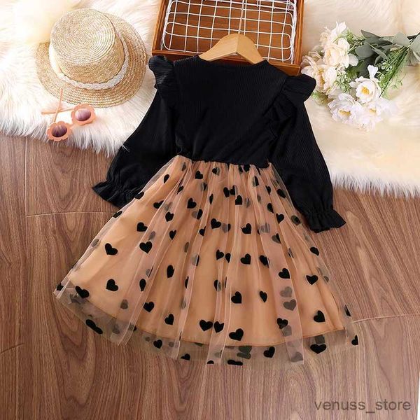 Vestidos da menina vestido crianças meninas 4-7 anos preto manga longa malha malha retalhos vestido para meninas bebê meninas festa de aniversário vestido de noite