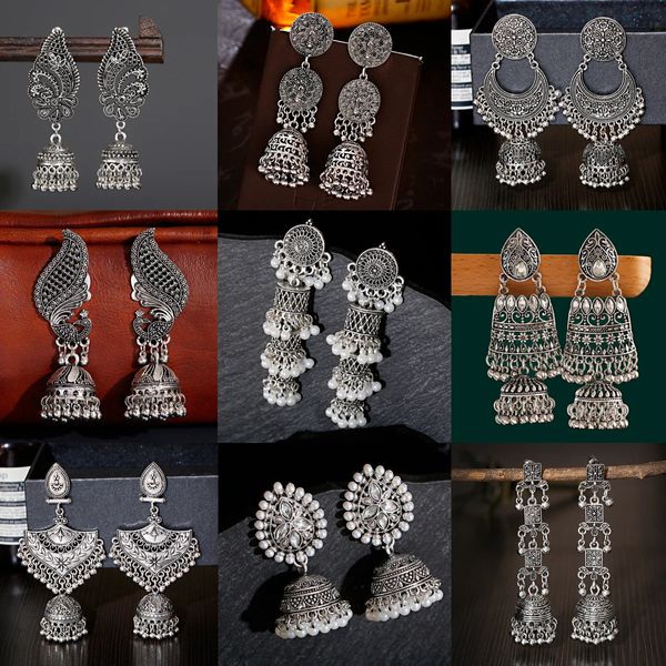 Dangle Chandelier Retro Étnico Prata Cor Turco Jhumka Brincos Para Mulheres Pendientes Pérola Tassel Clássico Esculpido Jóias Indianas 231216