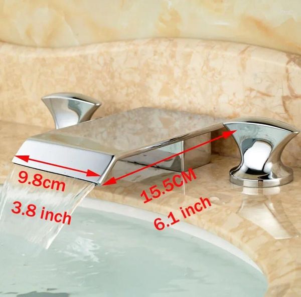 Смесители для раковины для ванной комнаты Vidric Яркий хромированный смеситель для ванны с водопадом и двойной ручкой с квадратным изливом Смесители для умывальника