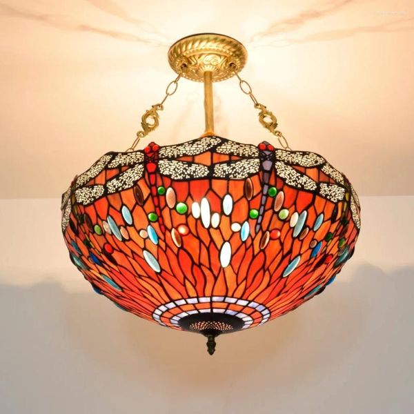 Lustres Luxuosos de 20 polegadas Tiffany Criativo Red Dragonfly Vitral Lustre de Sala de Jantar