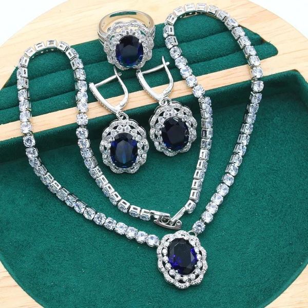 Set Misteriosi set di gioielli Sier per le donne Matrimonio Collana di cristallo blu reale Orecchini pendenti Anello Regalo di Natale di Halloween