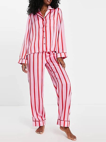 Zweiteiliges Damen-Pyjama-Set mit Hose und 2 Streifen, langärmeliges Hemd, elastisch, für Loungewear, weiche Nachtwäsche, Nachtwäsche, Heimanzug 231218