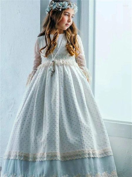 Vestidos de menina princesa bola concurso primeira comunhão manga comprida tule rendas impresso arco flor vestido crianças surpresa presente de aniversário