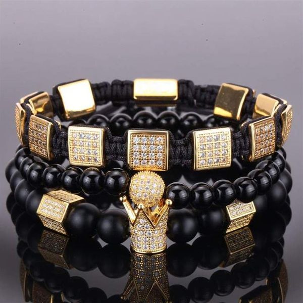 3 pçs conjunto de contas de pedra natural masculino pulseira conjunto cz coroa encantos pulseiras jóias para mulheres bola zircônia pulseiras femme presente holi225h