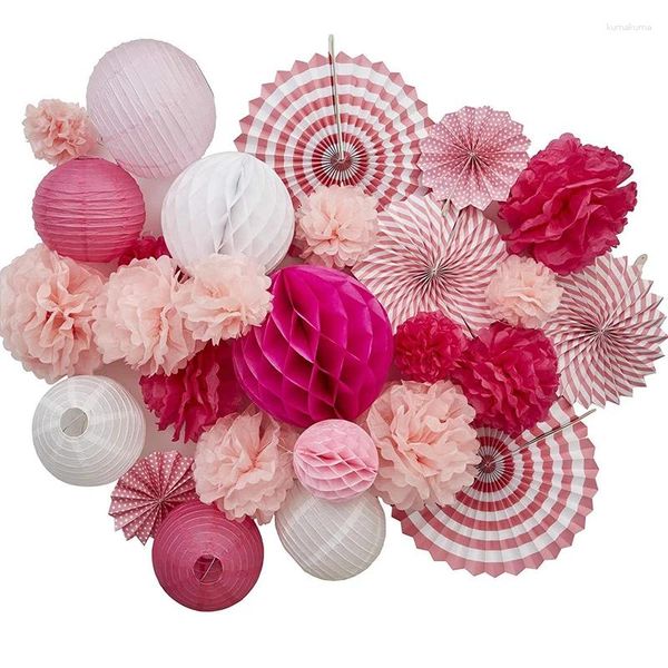 Decorazione per feste 27 pezzi Forniture per palline a nido d'ape con lanterna a forma di ventaglio di carta a tema rosa