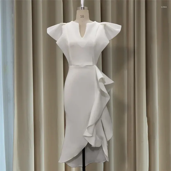 Parti Elbiseleri Kadın Kokteyl Ruffles Kısa Kollu Beyaz Elbise V Yaka Asimetrik Vintage Bodycon Resmi Gowns Vestido Robes