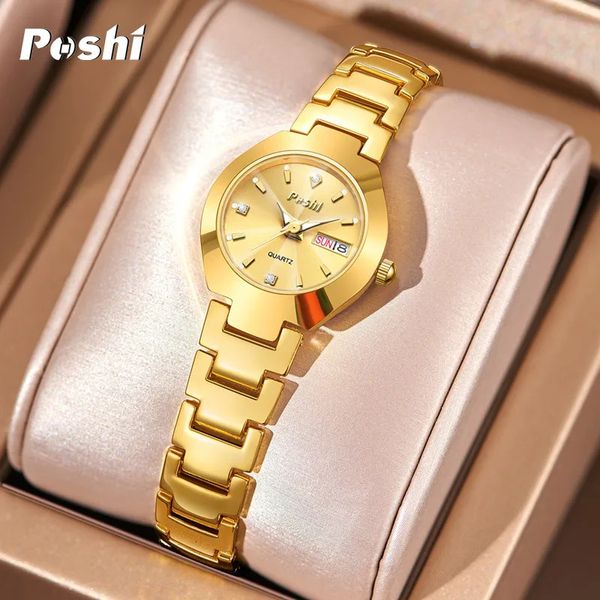 Relógios de pulso Swiss Brand POSHI Mulheres Assista Aço Inoxidável Simples À Prova D 'Água Luminosa com Data Semana Quartz Relógios Elegante Pulseira para Presente 231216