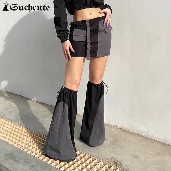 Saias Suchcute Bolsos Gótico Carga Saia Mulheres Elásticas Cintura Alta Lace Up Streetwear Preto Mini com Long Joelho Meias Leggings