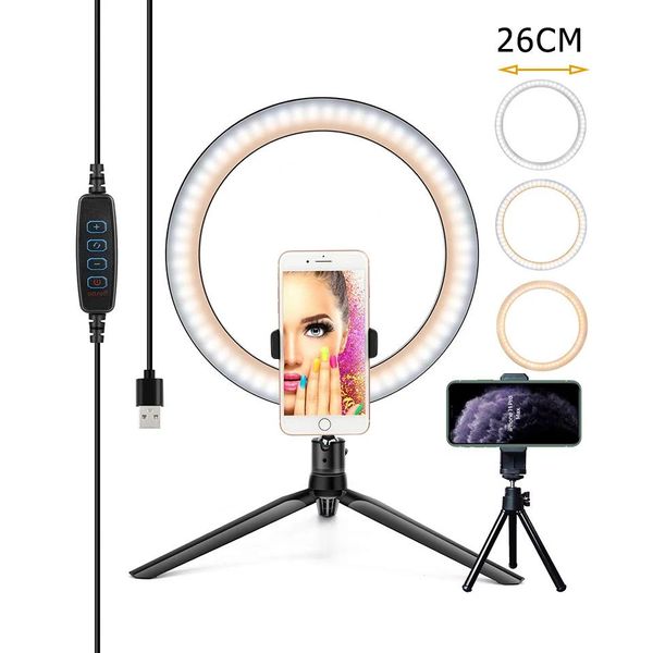 Acessórios led anel de luz de vídeo com tripé de 10 polegadas suporte do telefone selfie ringlight para youtube maquiagem vídeo iluminação ao vivo fotografia