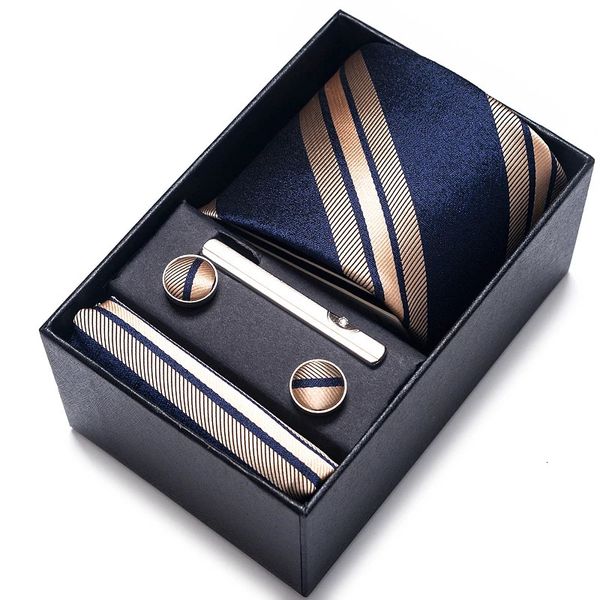 Gravatas de pescoço 100% seda marca gravata lenço cufflink conjunto para homens gravata caixa de presente de feriado azul ouro terno acessórios fino casamento gravatas 231216