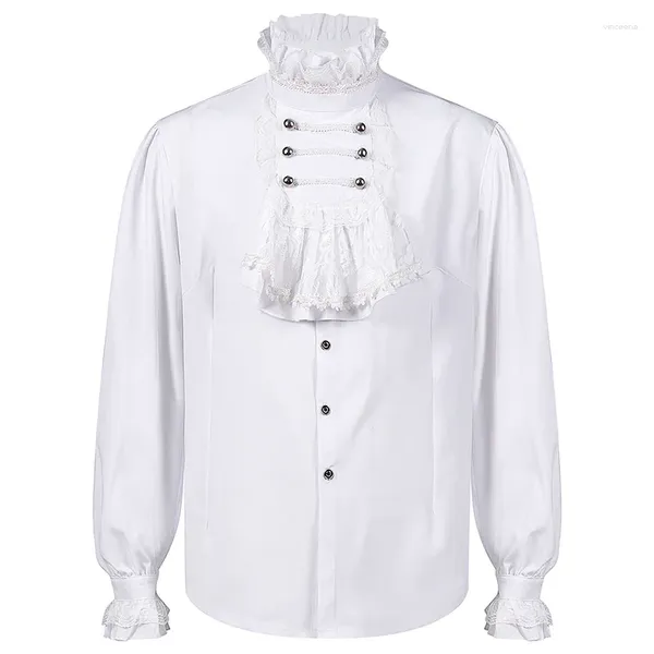 Erkekler Elbise Gömlek Beyaz Cottonlace Ruffles Stand yaka Victoria Gotik cosplay korsan gömlek erkek cadılar bayramı steampunk giyim retro