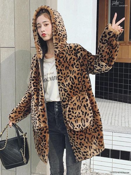 Pele feminina 2023 vintage marrom leopardo com capuz zíper impresso grosso casacos quentes casual solto manga longa peles do falso casaco outono