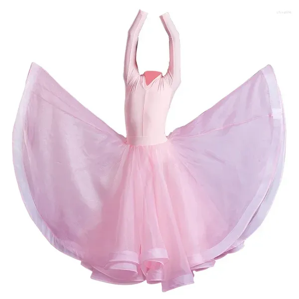 Сценическая одежда, детское платье для латинских бальных танцев для девочек, розовая большая юбка с v-образным вырезом и разрезом, современная марлевая DN11077