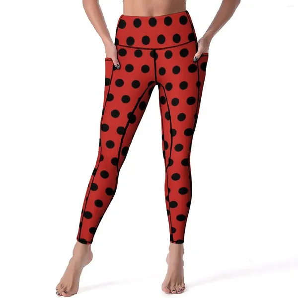 Aktive Hose Rot und Schwarz Polka Dot Leggings Polkadots Vintage High Waist Yoga Stretch Legging Damen Design Fitness Sport Strumpfhosen