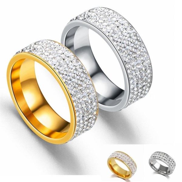 Anel de casal cravejado de diamante em aço inoxidável 316, moda europeia e americana, cinco ou três fileiras, strass completo, ouro, anéis256d