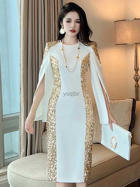 Базовые повседневные платья Изысканное вечернее платье для банкета для женщин 2023 Роскошный стиль с золотыми блестками Белый тонкий халат Femme Party Prom Vestidos Catwalk GownL231218