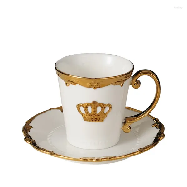 Xícaras Pires HF Europeu Osso China Xícara de Café e Pires Conjunto Real Luxo Handmade Porcelana Cerâmica Coroa Teacup