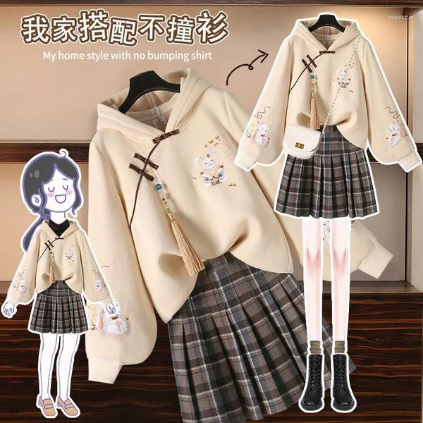 Roupas étnicas estilo chinês melhorado hoodies moletom xadrez saia curta terno feminino outono streetwear fino meninas de duas peças