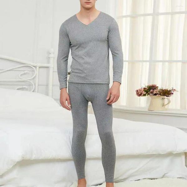 Roupa interior térmica masculina 2 pçs/set inverno longo johns conjunto com decote em v fino ajuste velo grosso thermo homewear pijamas bottoming