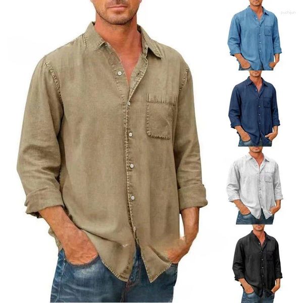 Homens Casuais Camisas 2023 Primavera Outono Homens Algodão Denim Manga Longa Cor Sólida Laple Camisa Mens Moda Vintage Jeans Tops