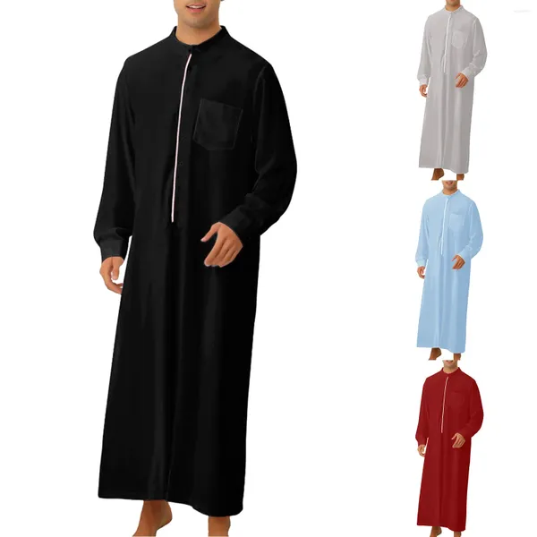 Abbigliamento etnico Islam Musulmano Arabo Djellaba Galabia Thobes Uomo Abaya Stampa Qamis Kameez Scollo a V Colorato Bloccato Maniche lunghe Saudita