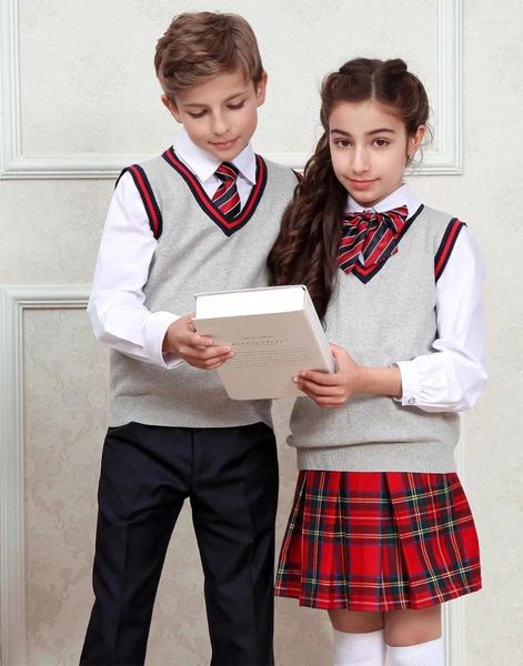 Set di abbigliamento in fabbrica di maglione uniforme per bambini personalizzata uniforme giubbotto senza maniche uniformi grigie per bambini maniche lunghe cotone