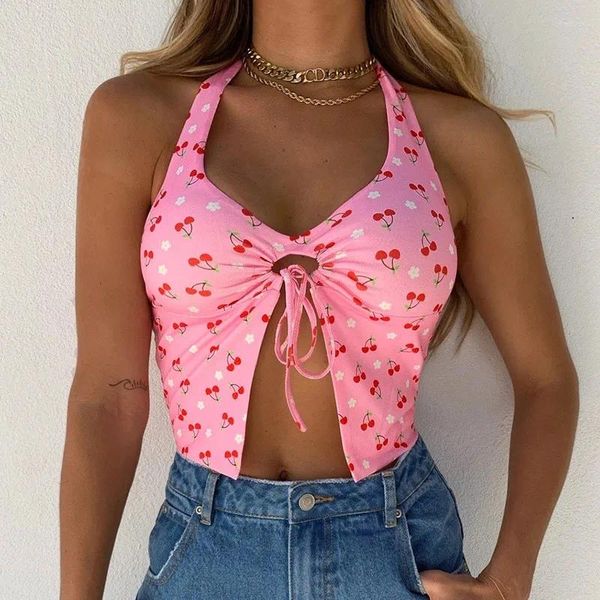 Damen-Tanks, rosa Kirschdruck, Neckholder, süßes Mädchen-Crop-Top, sexy, aushöhlen, Schnürung, V-Ausschnitt, geteilt, weibliche Tank-Tops, Sommer, Y2K-Mode