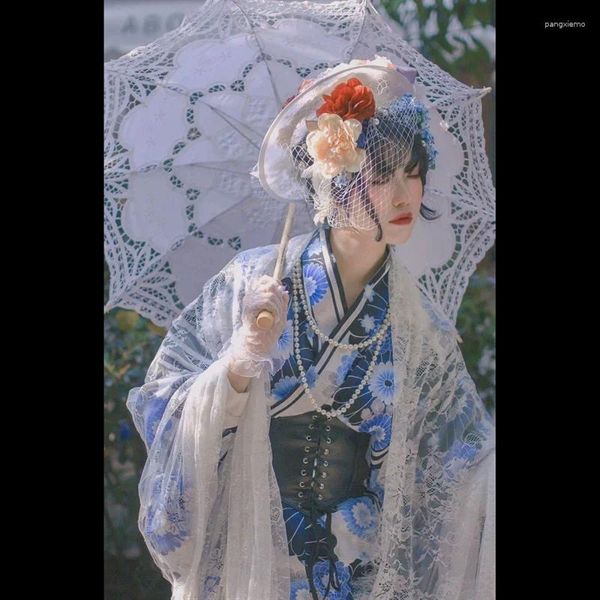 Ethnic Clothing Japanese Vintage Streetwear Style Women Improved Blue Long Kimono Printing Yukata Dress Geisha Travel Po Costumes