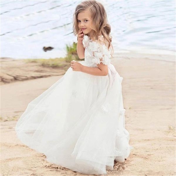 Mädchenkleider Einfache weiße Spitze Tüll Blumenkleid Applikation Hochzeit Elegant Kinder Erstkommunion Feier Geburtstagsfeier