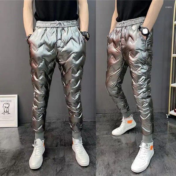 Calças masculinas 2024 homens brilhantes inverno para baixo calça grossa quente sweatpants calças casuais magro ao ar livre à prova de vento algodão impermeável