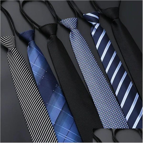 Cravatte Cravatte Cravatte da uomo Abito da lavoro Cravatta con cerniera Elegante camicia da uomo Sposo Matrimonio Striscia blu Nero Accessori di abbigliamento pigro 2 Dha9R