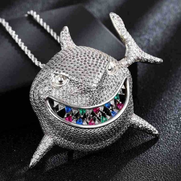 New Trendy 18K White Gold Plated Full Bling Iced Out CZ Collana con pendente Big Shark per uomo Donna Fashion Bar DJ Gioielli Hip Hop