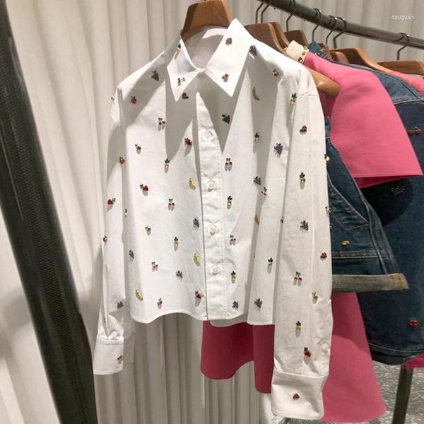 Kadınlar Blouses Kadınlar 3d Meyveler Elmaslar Boncuklu Gömlekler Tek Kelimyolu Kristal Beyaz Rhinestones Hardigan Uzun Kollu Blusas mahsul üstleri