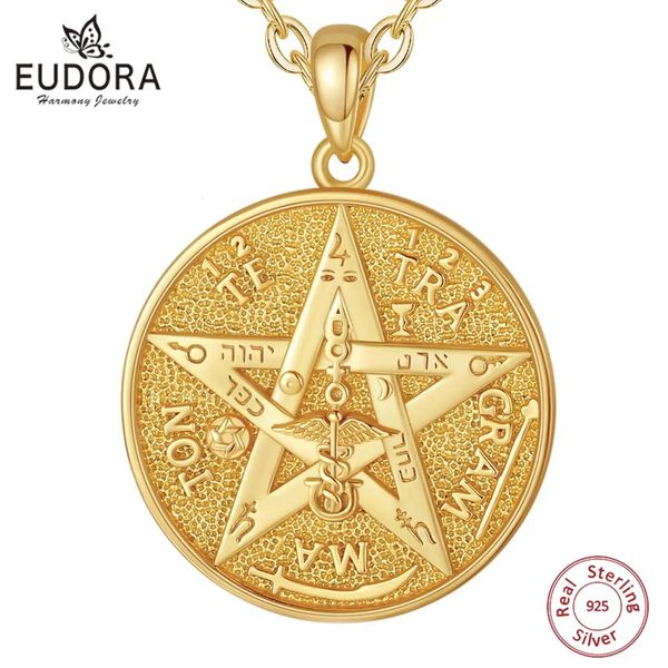 Anhänger Halsketten Eudora 925 Sterling Silber Pentagramm Runen Halsketten für Frauen Mann 18K Gold Amulett Wächter Stern Tetragrammaton Anhänger Geschenk 231218