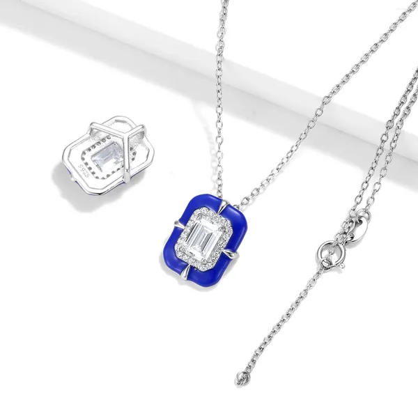 Catene Quadrato geometrico creativo Y2K Collana in argento sterling 925 stile Millennium con zirconi intarsiati Catena con clavicola blu epossidica