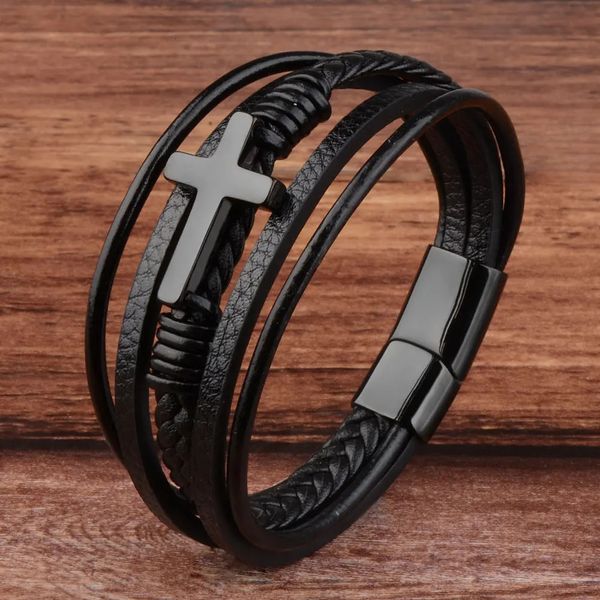 Bangle de alta qualidade cruz pulseira de couro genuíno aço inoxidável fecho magnético charme estilo punk pulseiras presentes para homens jóias 231216