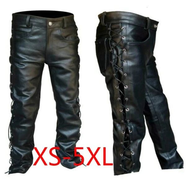 Calças masculinas rendas até couro motocicleta punk preto para homens moda inverno grande e alto roupas pantalon homme calças 231218