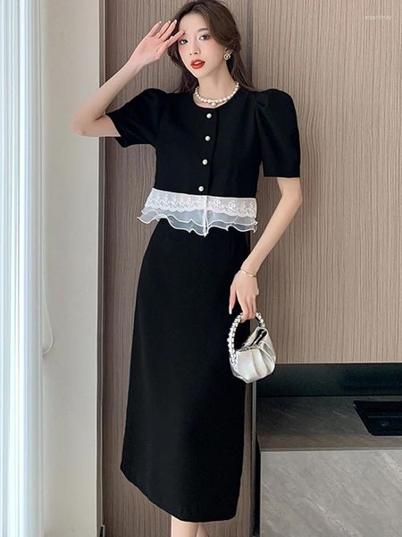 Vestidos de trabalho coreia elegante manga bufante patchwork renda top cintura alta saia midi duas peças conjunto feminino cardigãs vintage conjuntos de 2 peças