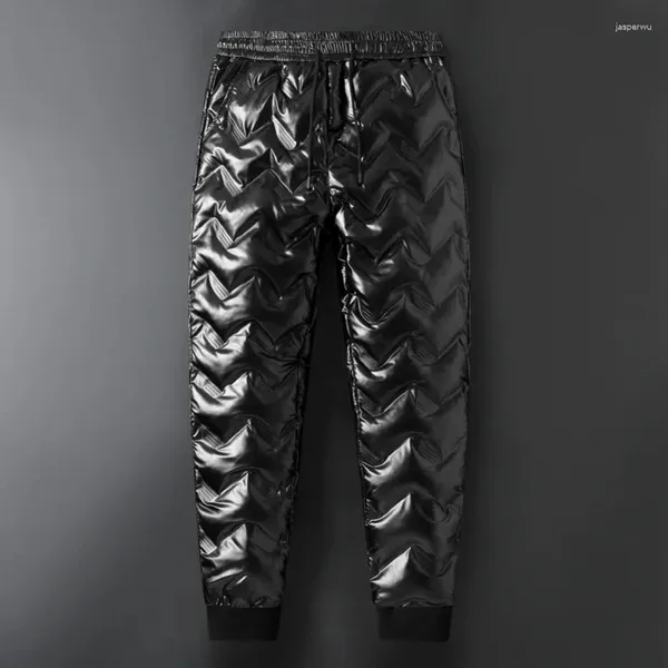 Calças masculinas homens inverno para baixo calça de algodão magro calças casuais fino couro brilhante ao ar livre à prova de vento impermeável grosso quente