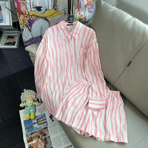 Schichten Frauen Pink Striped Langarm Shirt Shorts Set SML mit Staubbeutel