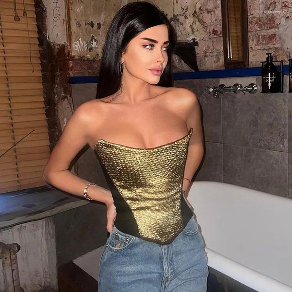 Kadın Tankları Gtpdpllt Seksi Straplez Gold Glitter Corset Tops KULÜP KAYDETLERİ KURUMLAR İÇİN KULLANIM