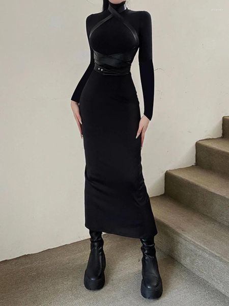 Повседневные платья Черное длинное облегающее платье для женщин Одежда Водолазка Vestidos De Mujer Тонкая сексуальная уличная одежда с высокой талией Лоскутная осень