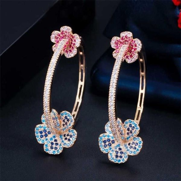 CWWZircons Designer Elegant Micro Pave Blue Red CZ Light Gold Color Big Round Flower Hoop Earrings for Women Jewelry Gift CZ810 21242N